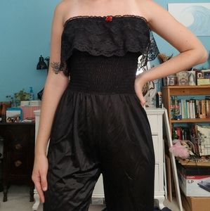 Vintage black nylon jumpsuit with lace trim medium